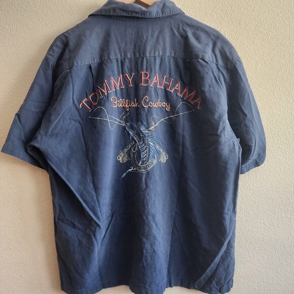 Tommy Bahama Shirt Mens Large Blue Silk Billfish Cowboy Embroidered Fishing - Picture 7 of 11